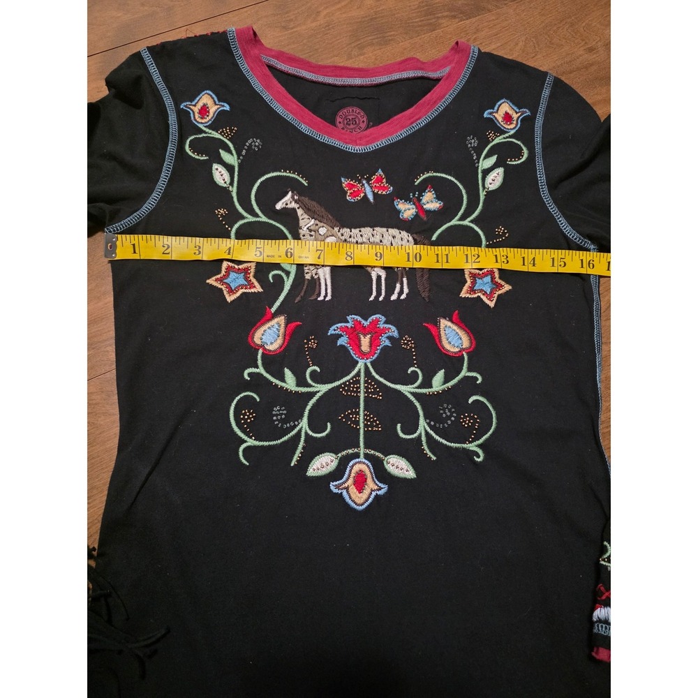 Double D Ranch Western Embroidered Horse Fringe Long Sleeve Top Black Small - Picture 3 of 12